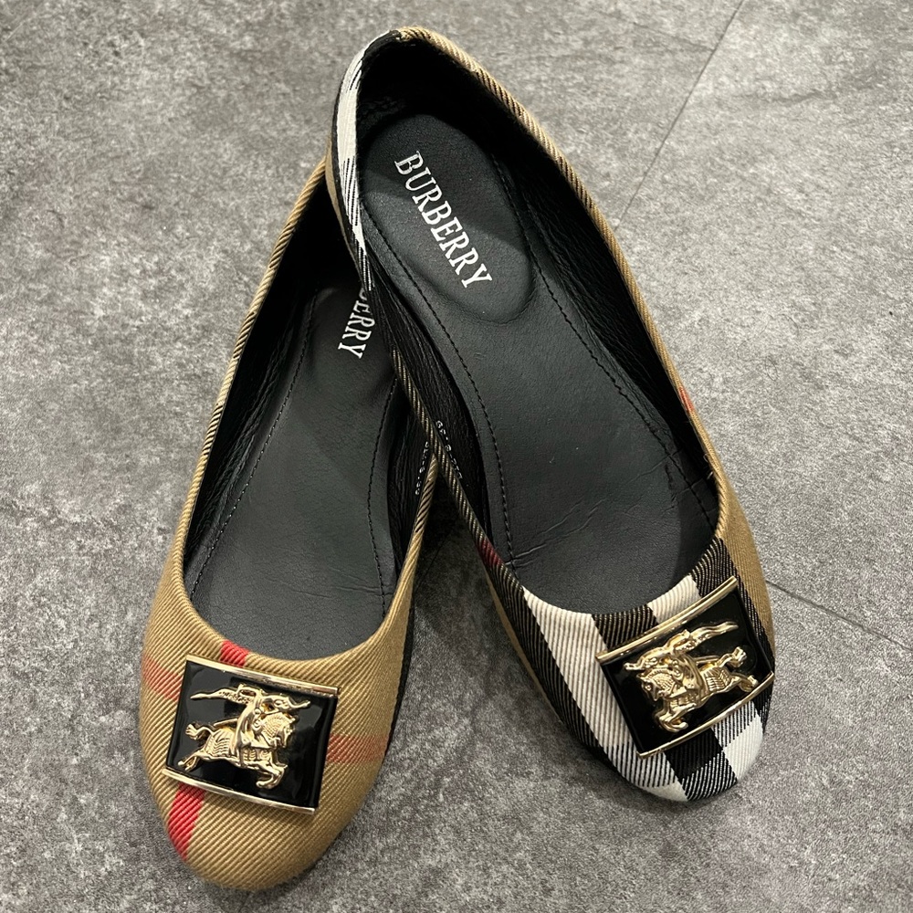 Burberry Tan Plaid & Black Plaid Logo Ballet Flats